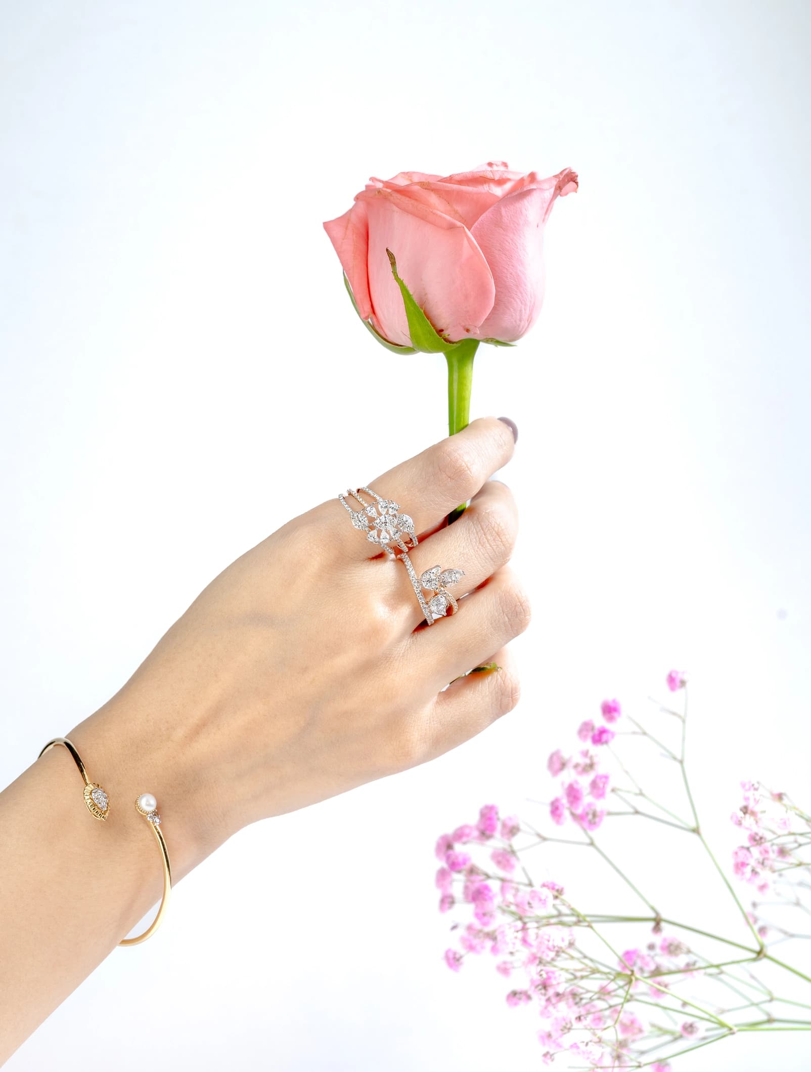 Diamond & Pearl Open Bracelet